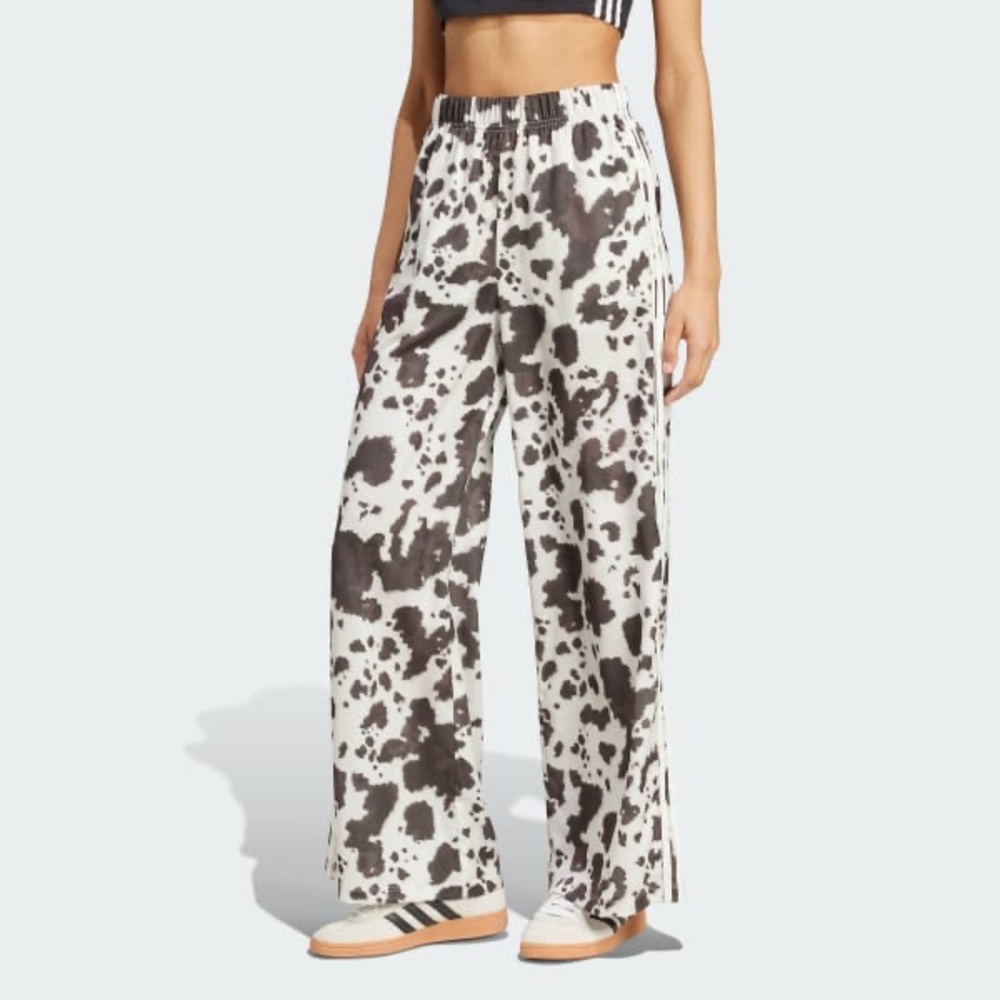 adidas Wide Leg Cow Print Track Pants in White and Brown - Picture 6 of 13